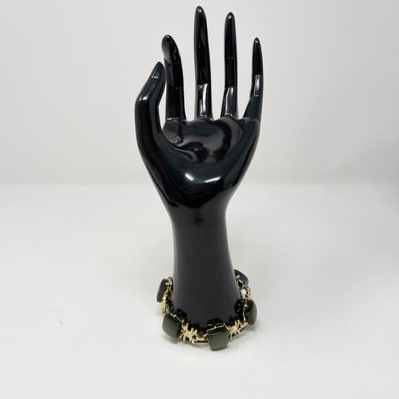 Green and Gold Tone Link Bracelet 8" Length Square - Picture 3 of 7